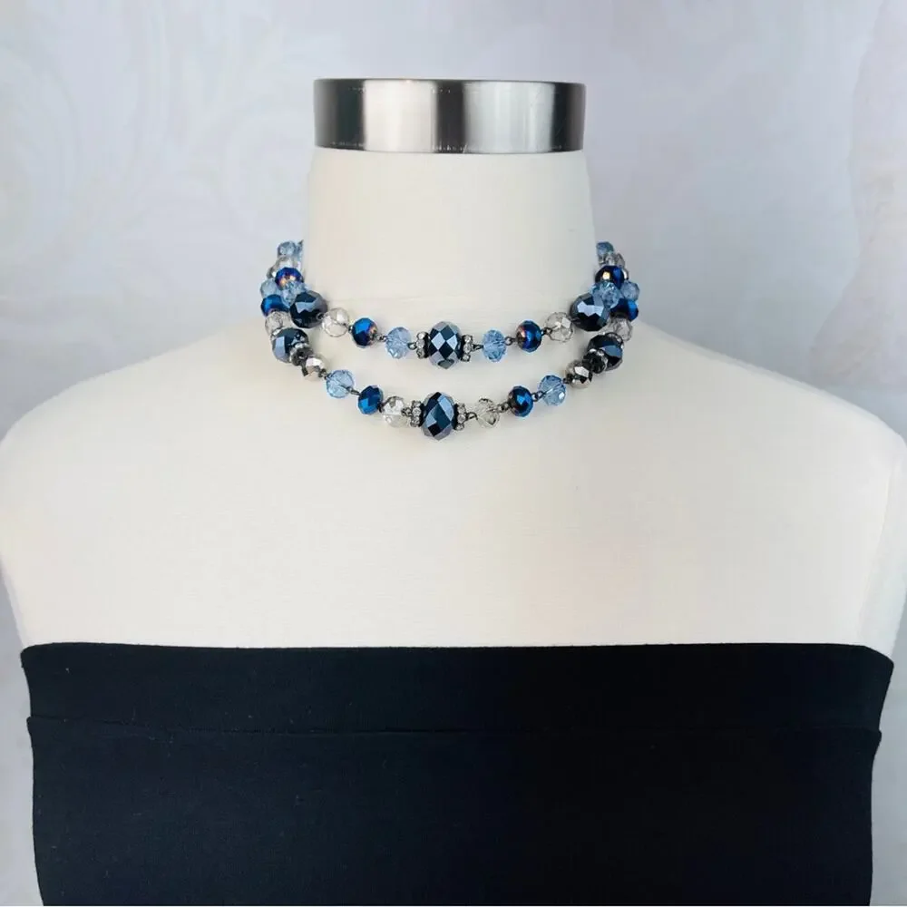 Trifari blue clear beaded 2 strand necklace choker - Picture 6 of 10
